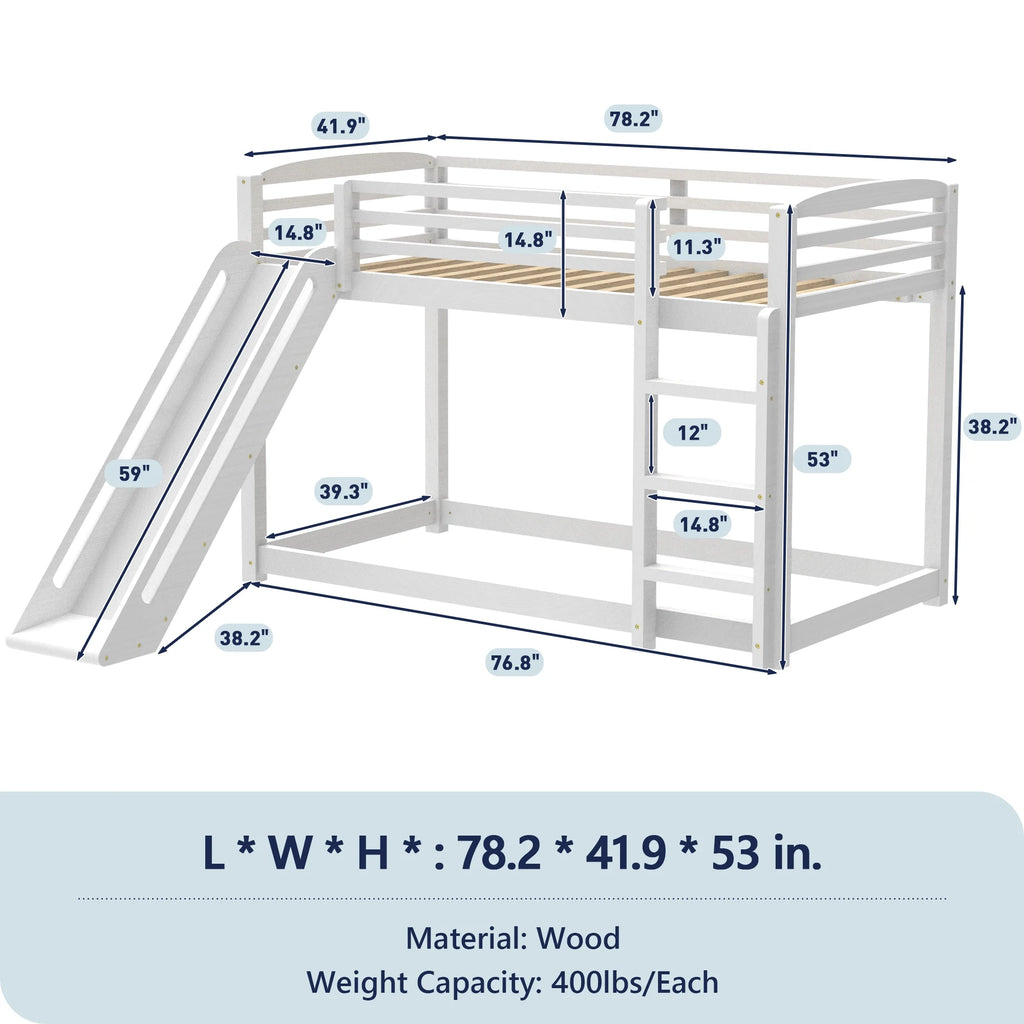 Twin over Twin White Wood Bunk Bed with Slide and Ladder U2214