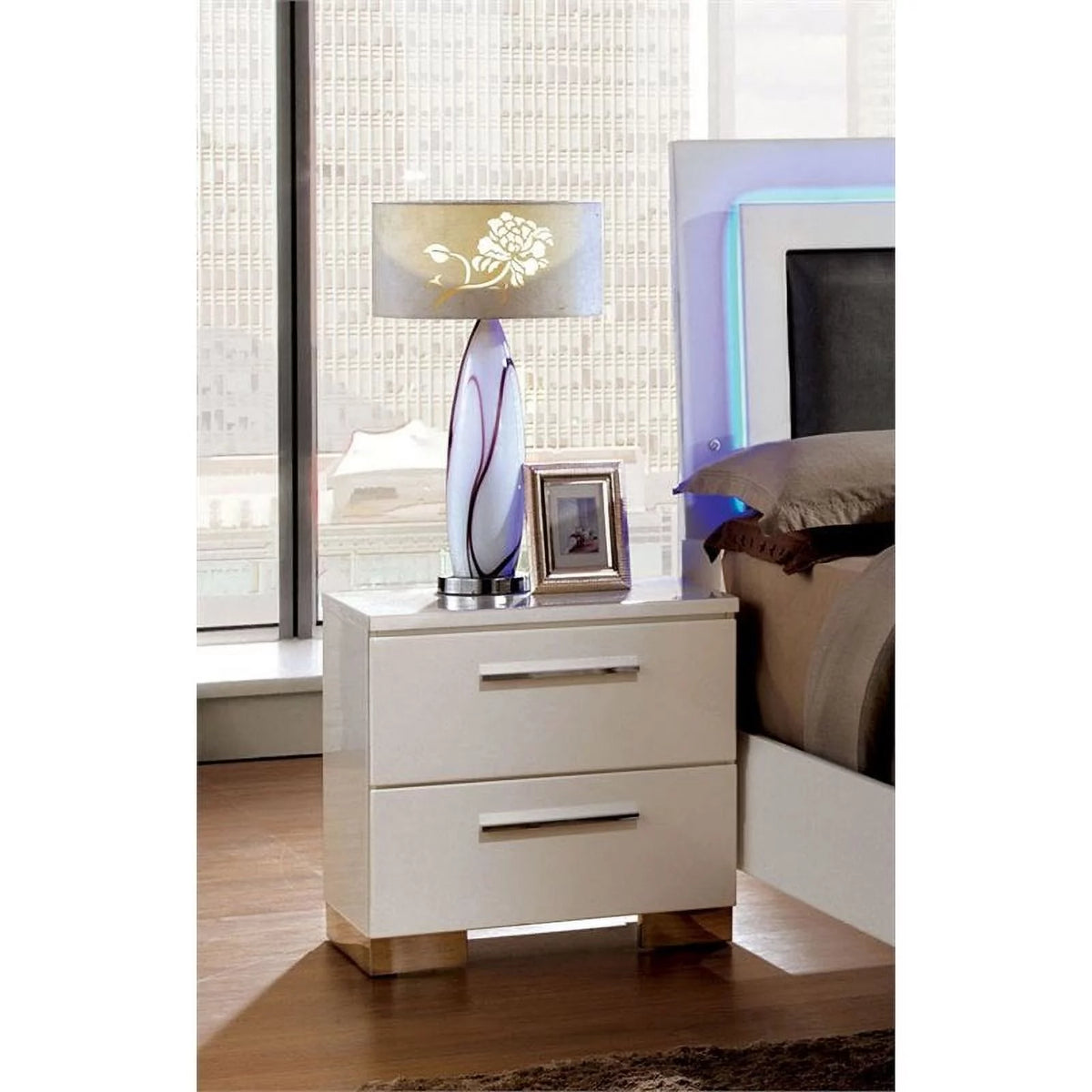 4pc Glossy White Wood Bedroom Set King Nightstand Dresser Mirror Y709890