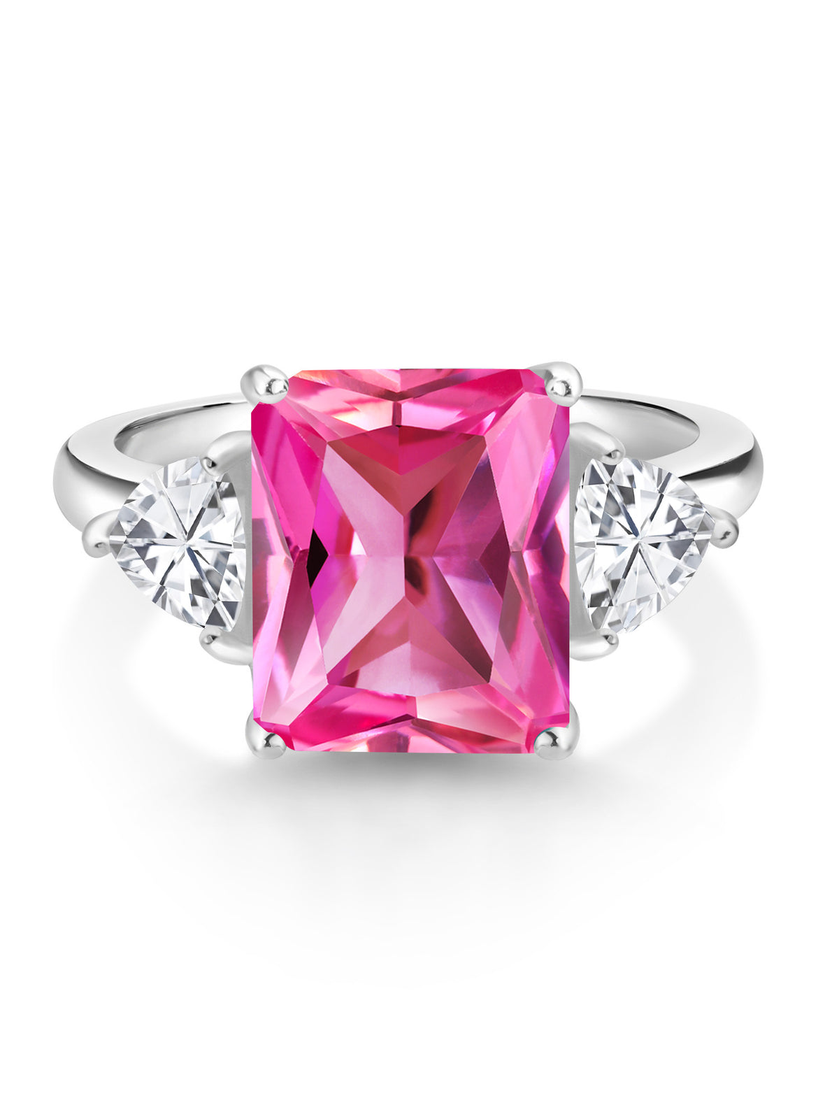 Pink Created Sapphire 3 Stone Sterling Silver Ring K153873
