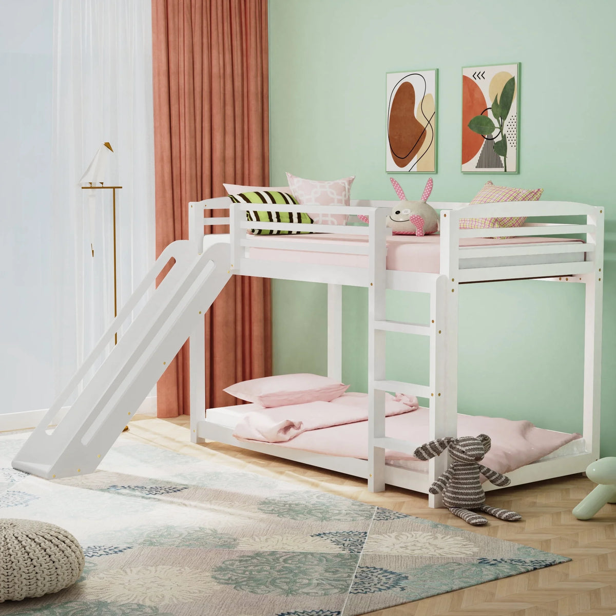 Twin over Twin White Wood Bunk Bed with Slide and Ladder U2214