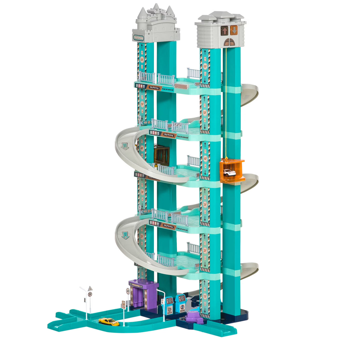 City Garage Playset with 98 Pieces Accessories Set, 6-Level Car Parking Playsets Toy with Manual and Electric Elevators Wash, Gas, Ejector & Car Repair Station S29705