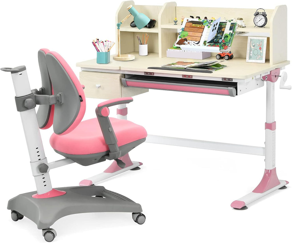 Kids Desk and Chair Set, Height Adjustable Study Desk with Drawer, Ergonomic Student Chair (Gray) D6127