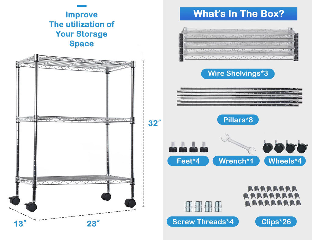 3 Shelf Wire Shelving Unit with Wheels J9024