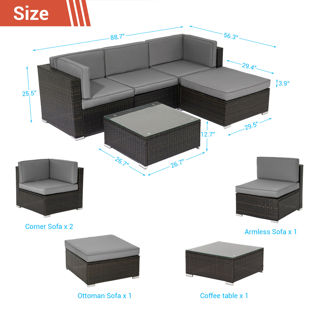 5 Pcs Gray PE Wicker Sectional Sofa Set with Tea Table and Ottoman G56416